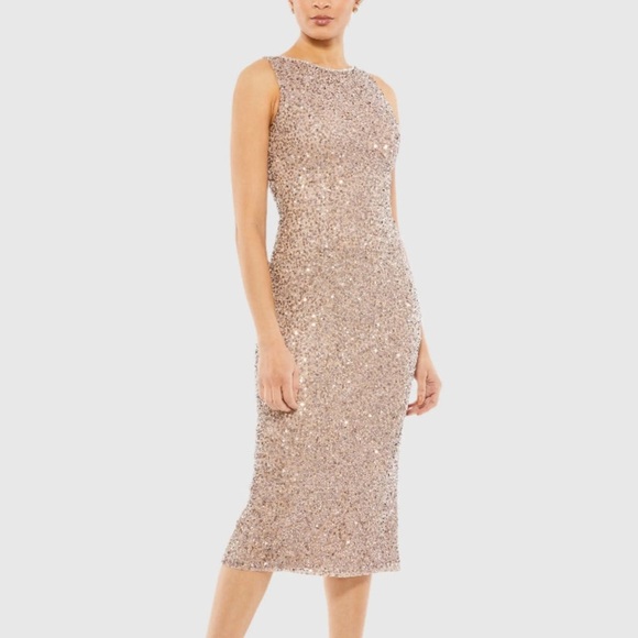Mac‎ Duggal Sleeveless Sequined Midi Sheath Dress Size 10 Rosewood Rose Gold NWT - Picture 1 of 13